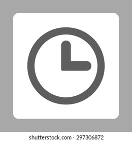 Clock icon from Primitive Buttons OverColor Set. This rounded square flat button is drawn with dark gray and white colors on a silver background.