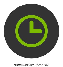 Clock icon from Primitive Round Buttons OverColor Set. This round flat button is drawn with eco green and gray colors on a white background.