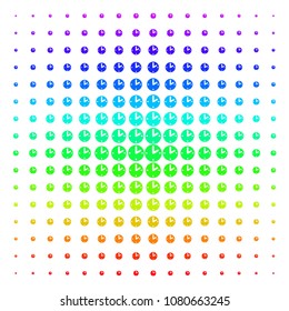 Clock icon rainbow colored halftone pattern. Vector clock items arranged into halftone grid with vertical rainbow colors gradient. Designed for backgrounds, covers and abstract concepts.
