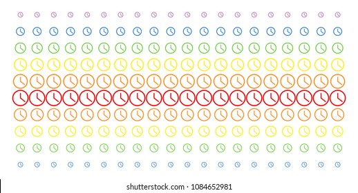 Clock icon rainbow colored halftone pattern. Vector pictograms arranged into halftone grid with vertical spectral gradient. Constructed for backgrounds, covers, templates and abstract effects.