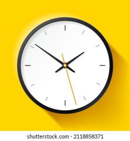 Clock icon in realistic style, black timer on yellow background. Business watch. Vector design element for you project