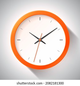 Clock icon in realistic style, orange timer on gray background. Business watch. Vector design element for you project