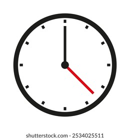 Clock icon. Red minute hand. Simple round shape. Vector image.