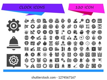 clock icon set. 120 filled clock icons. Simple modern icons about  - Settings, Notification, Stopclock, School, Alarm, Stationery, Speedometer, Smartwatch, Clocks, Clock, Gear