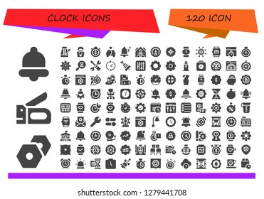  clock icon set. 120 filled clock icons. Simple modern icons about  - Bell, Settings, Stapler, Metronome, Manager, Stopwatch, Bells, Snooze, Falling debris, Speedometer, Gear