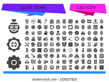 clock icon set. 120 filled clock icons.  Simple modern icons about  - Stopclock, Settings, Meter, Timer, Wait time, Bell, Clocks, School, Watch, Wall clock, Alarm, Time, Stopwatch