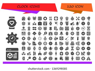 clock icon set. 120 filled clock icons.  Simple modern icons about  - Smartwatch, Settings, Management, Clocks, Clock, Alarm Reminder, Meter, London eye, Stopwatch, Alarm