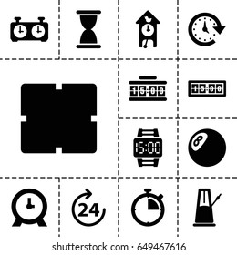 Clock icon. set of 13 filled clockicons such as 24 hours, clock, time, wrist dial watch, pendulum, stopwatch