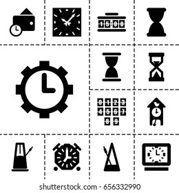 Clock icon. set of 13 filled clock icons such as metronome, clock in gear, wallet, hourglass, pendulum