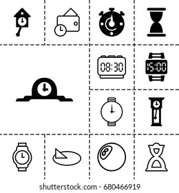 Clock icon. set of 13 filled and outline clock icons such as wrist dial watch, pendulum, stopwatch, hourglass, wallet, wrist watch