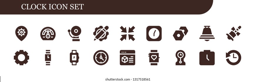 clock icon set. 18 filled clock icons.  Simple modern icons about  - Settings, Speedometer, Alarm, Minimize, Clock, Bell, Wristwatch, Smartwatch, Clocks, Watch, History