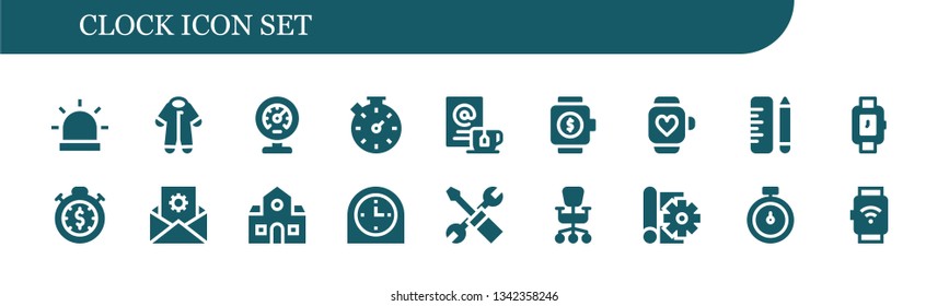 Clock Icon Set. 18 Filled Clock Icons.  Simple Modern Icons About  - Alarm, Pijama, Meter, Stopwatch, Wait, Smartwatch, School, Wristwatch, Settings, Clock, Office Chair, Sketch