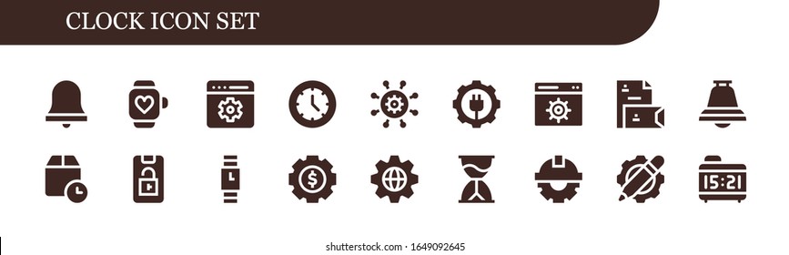 clock icon set. 18 filled clock icons. Included Alarm bell, Smartwatch, Setting, Watch, Settings, Gear, Stationery, Bell, Wait time, Lock phone, Wristwatch, Hourglass, Cogwheel icons