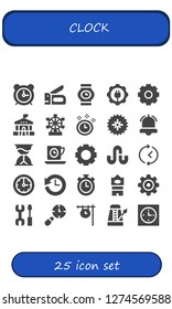  clock icon set. 25 filled clock icons. Simple modern icons about  - Alarm clock, Stapler, Wristwatch, Gear, Settings, School, London eye, Time, Alarm, Hourglass, Tea time, Stumbleupon