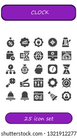 clock icon set. 25 filled clock icons.  Simple modern icons about  - Stopwatch, Gear, Metronome, Wait time, Hourglass, Alarm, Settings, Speed, Time, Stopclock, Setting, Clock