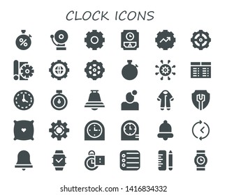clock icon set. 30 filled clock icons.  Collection Of - Stopwatch, Alarm, Settings, Wall clock, Gear, Sketch, Timetable, Bell, Notification, Pijama, Pillow, Setting, Clocks