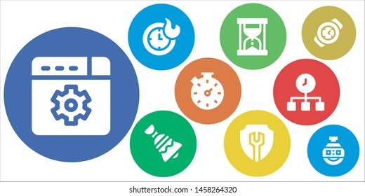 clock icon set. 9 filled clock icons.  Simple modern icons about  - Settings, Clocks, Hourglass, Bell, Stopwatch, Time, Watch, Stopclock