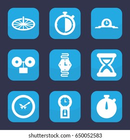 Clock icon. set of 9 filled clock icons such as hourglass, wrist watch, sundial, pendulum, alarm