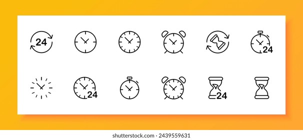 Clock icon set. Alarm clock, bell, time, early rise, hourglass, timer, measurement, physics, science, watchmaker. Black icon on a white background. Vector line icon for business and advertising