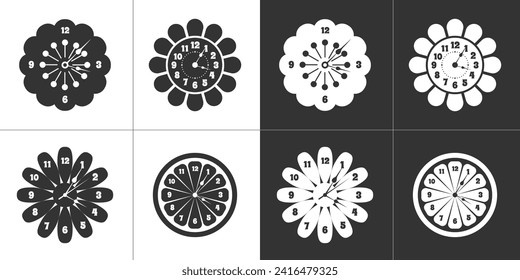 Juego de iconos de reloj. Iconos en blanco y negro. Aislado sobre fondo blanco y negro