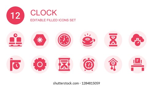 clock icon set. Collection of 12 filled clock icons included Waiting room, Day, Wall clock, Ringer, Sandclock, Clock, Cogwheel, Hourglass, Alarm Cuckoo Chronometer