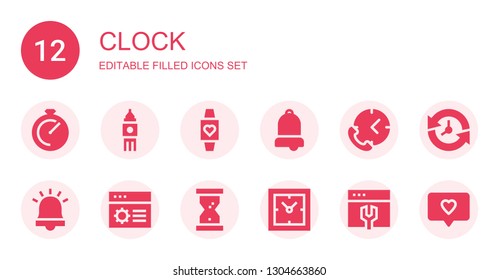 clock icon set. Collection of 12 filled clock icons included Chronometer, Big ben, Smartwatch, Bell, Time, Alarm, Settings, Hourglass, Clocks, Notification