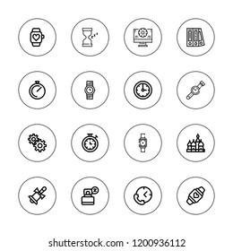Clock icon set. collection of 16 outline clock icons with bell, blinder, clock, chronometer, hourglass, kremlin, management, smartwatch, sleep, stopwatch, time icons.