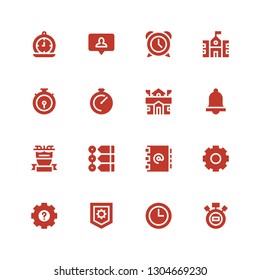 clock icon set. Collection of 16 filled clock icons included Stopwatch, Wall clock, Settings, Address book, Timeline, Liverpool, Bell, School, Chronometer, Alarm, Notification