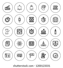 Clock icon set. collection of 25 outline clock icons with bell, business, clock, clocks, hourglass, kremlin, metronome, schedule, school, sketch icons. editable icons.