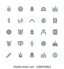 clock icon set. Collection of 25 filled clock icons included Settings, School, Bell, Stop watch, Wristwatch, Wall clock, Alarm Address book, Workplace, Minimize