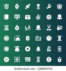 clock icon set. Collection of 36 filled clock icons included Stop watch, Settings, Hourglass, Deadline, Cogwheel, Watch, Metronome, Bell, Measuring glass, Chronometer, Wall clock