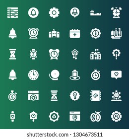 clock icon set. Collection of 36 filled clock icons included Setting, Brooch, Settings, Clocks, Smartwatch, London eye, Address book, Hourglass, Stopwatch, Notification, Bell