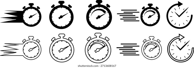 Uhrensymbol Set Sammlung mit analogen Wanduhren und Stoppuhr Timer Symbole in schwarz flach und Umriss Stil, Zeitmessung Uhr Piktogramm Paket für Zeitplan Alarm Countdown UI Design