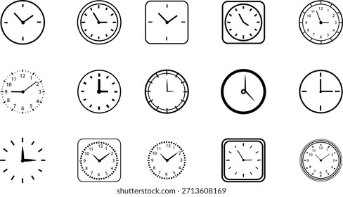 Uhrensymbol Set Sammlung mit analogen Wanduhren und Stoppuhr Timer Symbole in schwarz flach und Umriss Stil, Zeitmessung Uhr Piktogramm Paket für Zeitplan Alarm Countdown UI Design