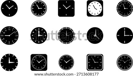 Clock icon set collection with analog wall clocks and stopwatch timer symbols in black flat and outline style, time measurement watch pictogram pack for schedule alarm countdown UI design