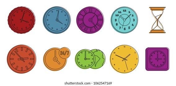 Clock icon set. Color outline set of clock vector icons for web design isolated on white background