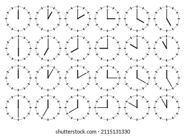 Clock icon set with different positions of hour and minute hands. Clock faces with arrows indicating different time. Vector.