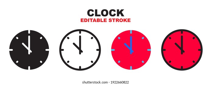 Clock icon set with different styles. Colored vector icons designed in filled, outline, flat, glyph and line colored. Editable stroke style can be used for web, mobile, ui and more.