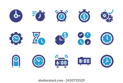 Clock icon set. Duotone color. Vector illustration. Containing stopwatch, clock, alarm, sand clock, wall, save money, time is money, time management, time, digital clock.