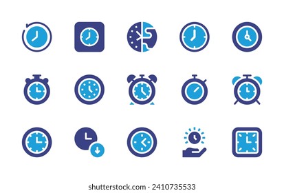 Juego de iconos de reloj. Color de duotona. Ilustración vectorial. Contienen recuerdos, reloj, cronómetro, cronómetro, despertador, hora, hora de caída, reloj de pared, alarma.