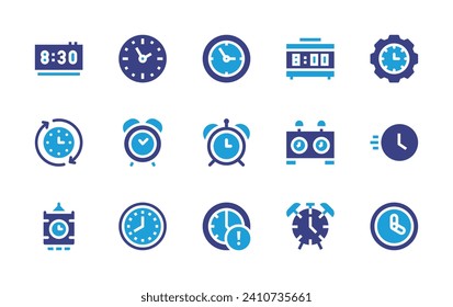 Clock icon set. Duotone color. Vector illustration. Containing clock, time management, timing, alarm clock, fast, big ben, time, chess clock.