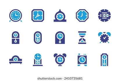 Clock icon set. Duotone color. Vector illustration. Containing desk clock, clock, digital, cuckoo, wall, sand clock, alarm.