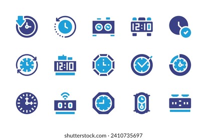 Clock icon set. Duotone color. Vector illustration. Containing down time, digital alarm clock, clock, wall, digital watch, time management, desk clock, chess.