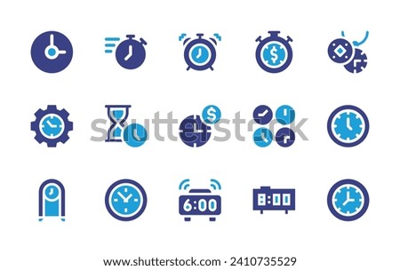 Clock icon set. Duotone color. Vector illustration. Containing stopwatch, clock, alarm, sand clock, wall, save money, time is money, time management, time, digital clock.
