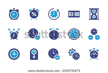 Clock icon set. Duotone color. Vector illustration. Containing back in time, alarm, digital, school bell, wall clock, on time, clock, daytime, time is money, hourglass, alarm.
