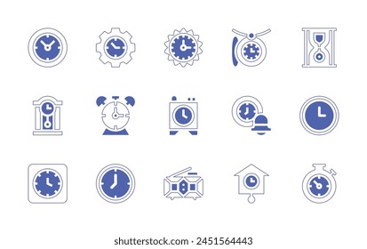 Clock icon set. Duotone style line stroke and bold. Vector illustration. Containing clock, clocks, hourglass, time management, alarm, digital clock,, cuckoo.