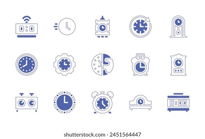 Clock icon set. Duotone style line stroke and bold. Vector illustration. Containing time management, fast, big ben, clock, alarm, desk clock, alarm, chess, wall clock.