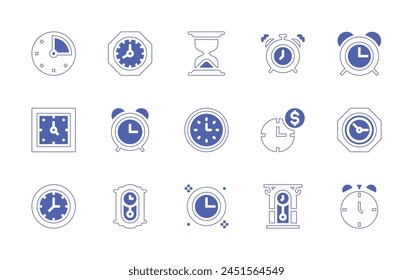 Clock icon set. Duotone style line stroke and bold. Vector illustration. Containing alarm, school bell, save money, minutes, alarm, hourglass, clock, cuckoo.