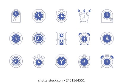 Clock icon set. Duotone style line stroke and bold. Vector illustration. Containing clock, alarm, stop watch, alarm clock, wall clock, clocks.