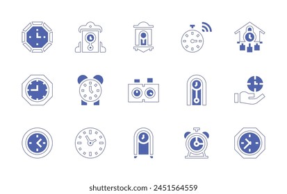 Clock icon set. Duotone style line stroke and bold. Vector illustration. Containing clock, chess, wall clock, alarm, cuckoo.